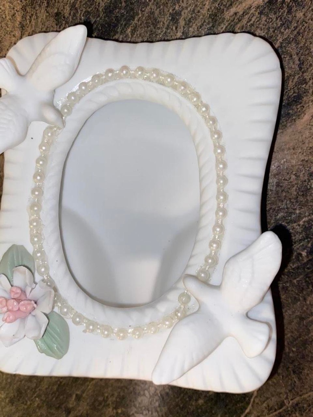 White Ceramic Dove Picture Frame with Pearl Accent